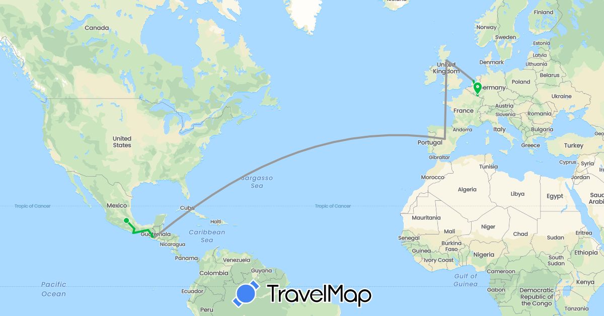 TravelMap itinerary: driving, bus, plane in Spain, United Kingdom, Guatemala, Luxembourg, Mexico, Netherlands (Europe, North America)